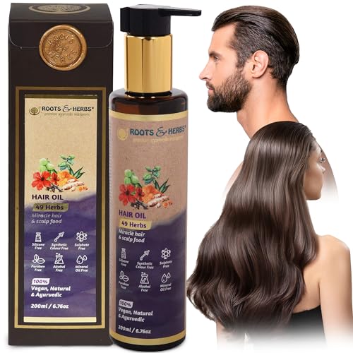 ROOTS AND HERBS Ayurvedic Oil - 49 Herbs With Bhringraj, Hibiscus Flower, Brahmi, Jatamansi, Triphala For Stronger, Straight, Wavy Curly Hair - Hair Food Oil Scalp Serum - 1 Fl Oz (Pack of 1)