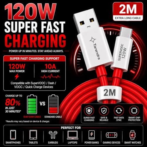 Image of Tarendra 120W 10A USB to Type-C Fast Charging Cable | 1 Meter TPE Data Cable | SuperVOOC Fast Charge & Data Sync | Compatible with OnePlus OPPO Realme Vivo Xiaomi Samsung Type-C Devices
