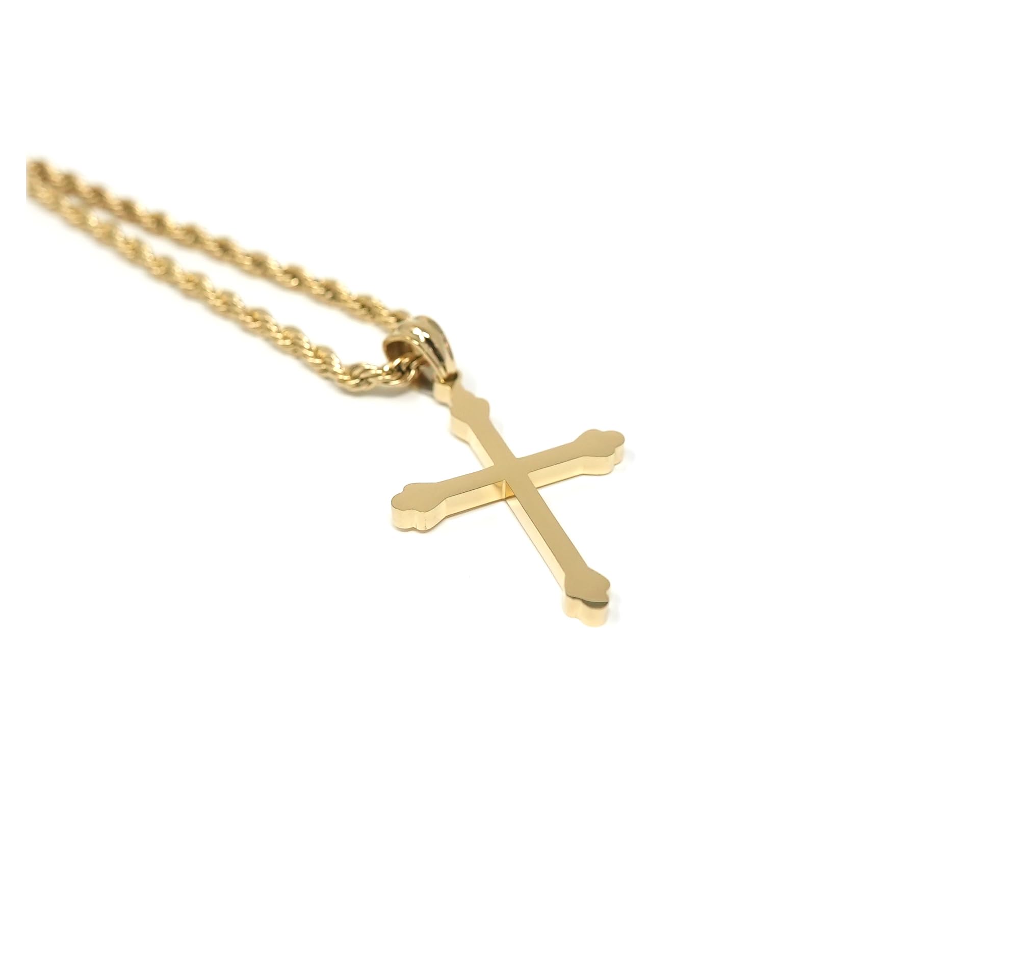 18K Small Gold Cross Necklace Pendant Charm with 3MM Rope Chain Gift for Men Women Husband Wife Baptism Religious w/real strong Solid Clasp Fashion Jewelry