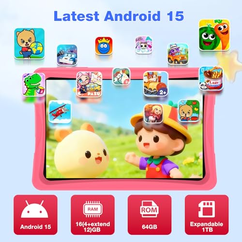 Image of redbeat Kids Tablet, 10.1 inch Android 15 Learning Tablet with Pen & Case for Kids, 16 GB+64GB (1TB TF), Parental Control, Eye Protection Screen, RK3562 Octa-Core Processor, WiFi, 6000mAh, Pink