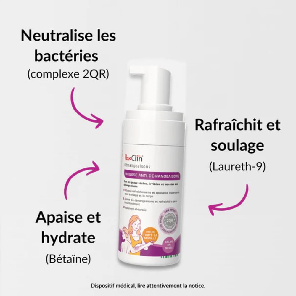 PoxClin® Démangeaisons – Mousse Anti-Démangeaisons – Soulagement en 60 Secondes – Eczéma, Urticaire, Piqûres d’Insectes, Coup de Soleil – Visage & Corps – Dès 12 Mois – 100 ml