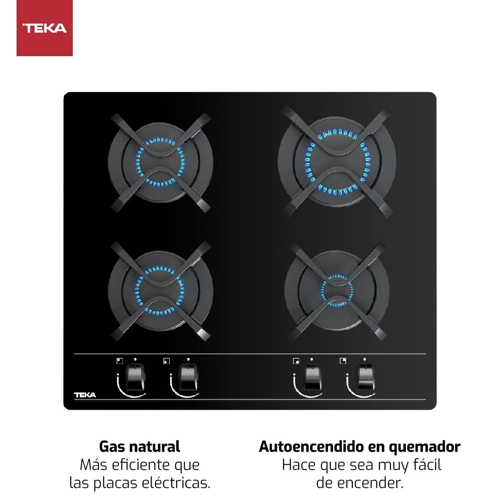TEKA Placa de Gas 60 cm, 4 Quemadores, Autoencendido y Seguridad Termopar, Parrillas de Fundición, Modelo GBC 64000 KBN