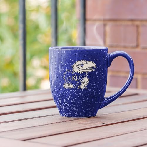 Image of Rico Industries NCAA Kansas Jayhawks Royal Blue Personalized 16 oz Team Color Laser Engraved Speckled Ceramic Coffee Mug