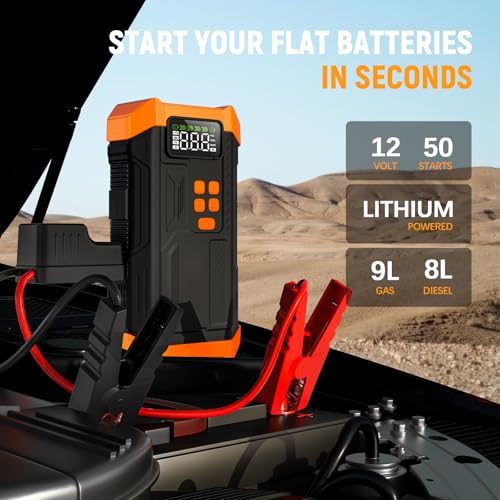 Image of 5000A Jump Starter with Air Compressor,Car Jumper Starter Portable with 150PSI Tire Inflator 12V Jump Box with LCD Display,Flashlight,Storage Case (Up 9L Gas /8L Diesel Engine(Orange