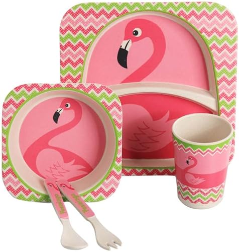 Thoneed Bamboo Kids Plate and Bowl Set | Matching Dishes for Toddlers Ages 1+ | 5 Piece Divided Dinnerware Set Includes Plate, Bowl, Cup & Utensils | Reusable, BPA Free & Dishwasher Safe (Flamingo)