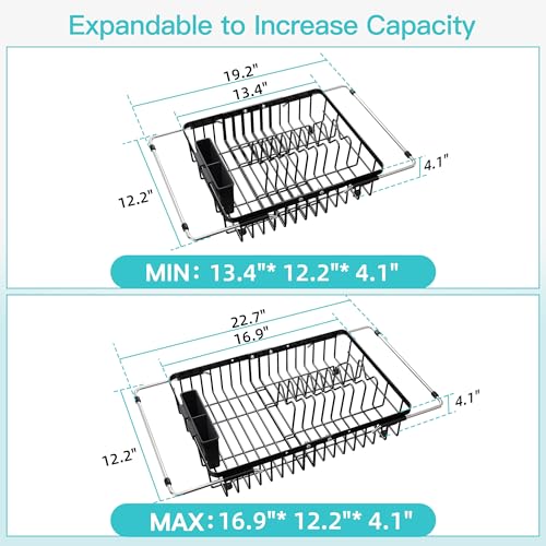 Image of JASIWAY Black Dish Drying Rack Over the Sink with Utensil Holder