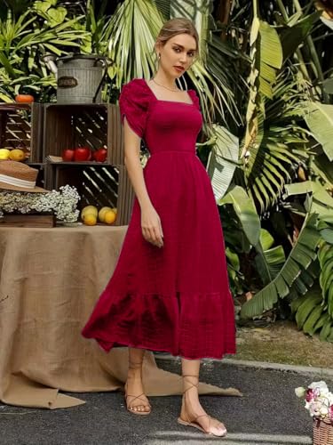 Image of Shreyam Girl's & Women's Solid A-Line Ruched Puff Sleeve Maxi Long Evening One Piece Long Dress for Women Stylish