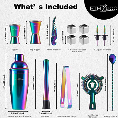 ETHYLICO Cocktail Shaker Kit | Barware Tool Set | Professional 15 piece Bartender Kit with Natural Bamboo Stand - 55 Cocktail Recipe Book Included - Rainbow - Thumbnail 2