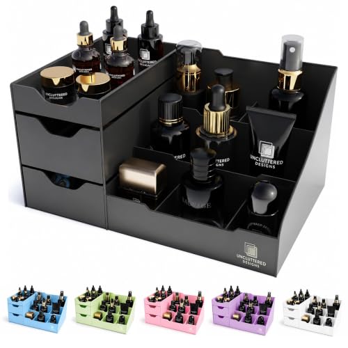 UNCLUTTERED DESIGNS Large Black Cosmetic Organiser - Organiser Box With Drawers for Aftershave Deodorant Beard Shaving Lotion Perfume & Skincare - Perfect for Mens Bathroom & Bedroom Storage