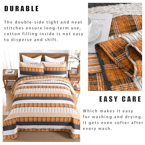 Image of Homzard 100% Cotton King Size Quilt Set Striped Plaid Orange Black Bedspread Set Summer Lightweight Farmhouse Washable Bedding Comforter Set 3 Pieces