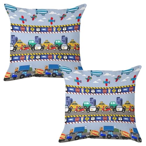 Kurtect Cartoon Cars Pillow Covers,Kids Boys Aircraft Vehicles Road Clouds Abstract Print Pillow Cases Warm Cozy for Sofa Chair Car Living Room Couch Bedroom Recliner,16x16in