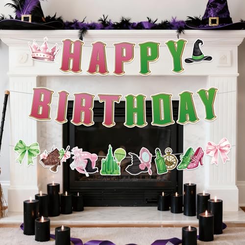 Image of 3pcs Pre-Strung Wicked Happy Birthday Banner Pink and Green Paper Garland for Witch Theme Party Decorations