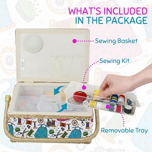 image for Comfecto Sewing Box Large with Removable Tray Pincushion, Sew Basket O