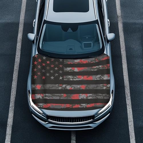 Image of American Flag Camo Car Hood Cover Elastic Fabric Patriotic Decorations for Auto Hood Washable Car Hood Wraps for Most Automotive Sedans Pickup Trucks SUVs