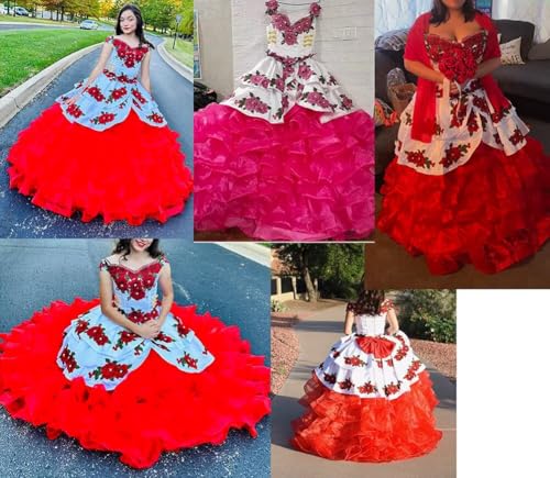 Vintage Flowers Embroidery Quinceanera Dresses Ruffles Prom Ball Gown Sweet 15 16 Dress4
