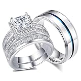 AHLOE JEWELRY Juego de anillos de boda de princesa para él y para ella, hombres y mujeres, bandas de titanio de acero inoxidable de 3.0 quilates Cz de oro de 18 quilates anillos de pareja blanco