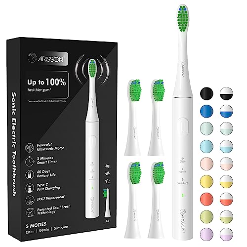 Image of Arisson Sonic Electric Toothbrush for Adults and Kids with 4 Brush Heads, Type C Fast Charging, 40,000 VPM, 3 Mode with 2 Minutes Smart Timer, 1.6 Oz-Snow White