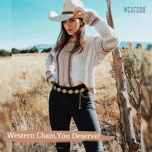 WERFORU Women Gold Metal Concho Chain Belt Western Cowgirl Country Boho Waist Belt for Dress Jeans2