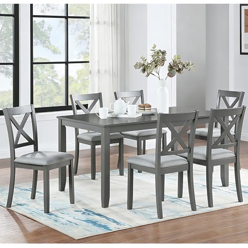 Image of Harper & Bright Designs Modern 7-Piece Dining Set,58.5 inch Solid Wood Table & 6 Padded X-Back Style Chairs, Grey for Kitchen /Dining Room, 6-Person Seating