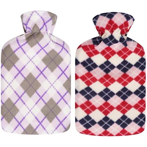 2 x Hot Water Bottles with Soft Fleece Cover - Natural Rubber 2 Litre Capacity - (Diamonds) Cover