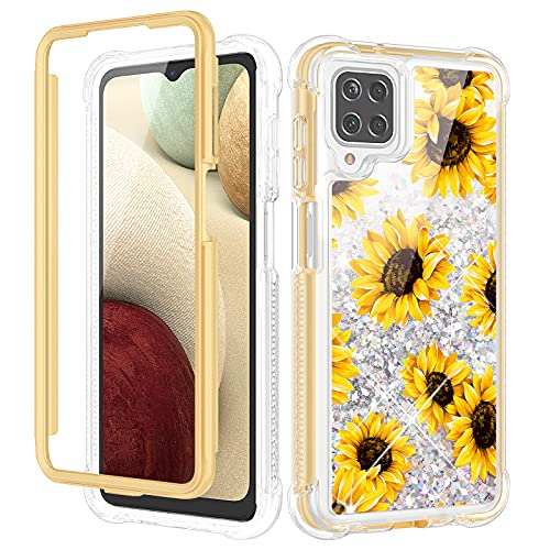 Caka Samsung Galaxy A12 Case, Galaxy A12 Case with Screen Protector Full Body Case for Women Girls Glitter Bling Protective Phone Case for Samsung Galaxy A12 -Sunflower
