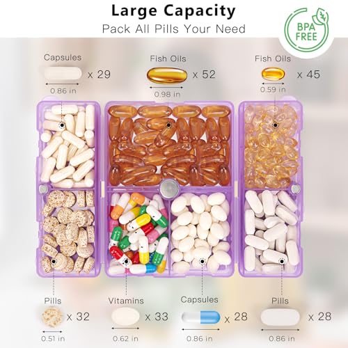 Image of FYY Travel Pill Organizer, 7 Compartments Large Pill Box Case-Clear Purple