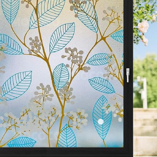 Image of MOCOCO Premium Vinyl Privacy Stained Window Glass Sticker (24x96 Inch) - Self-Adhesive Decorative Film Opaque Sheet Tint Wallpaper for Glass Cover Window, Door, Office, Home.| Anti-UV. Blue Leaves