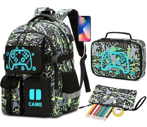 Game Kids Backpack Set, Large Boys Backpack with Lunch Bag & Pencil Case, Waterproof School Backpacks With USB Charging Port, Luminous Camo Bookbags Fits 15.6