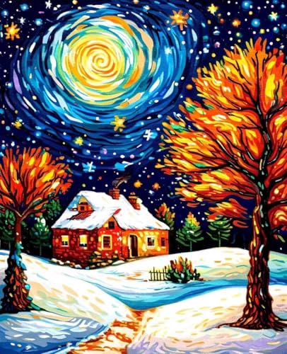 数字油絵 冬 数字キットによる絵画 星空 Paint by Numbers DIYペイント 大人の 初心者 子供用 簡単に塗れる アクリル水彩絵の具 手芸 画材 手工芸 キット 3つのペイントブラシと1つのセットのアクリル顔料を使用 ホーム オフィス装飾