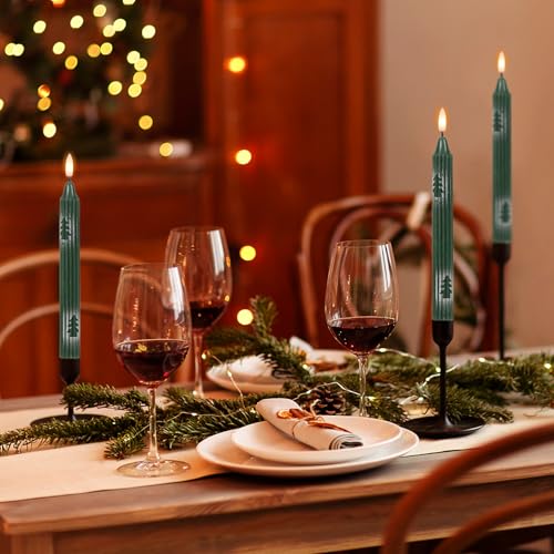 Image of Christmas Flameless Candlesticks, Green Flameless Taper Candles with Remote Timer, 6 Pack LED Tall Candlesticks Battery Operated Real Wax for Christmas Indoor Decorations(0.78 inch x 9.76 inch)