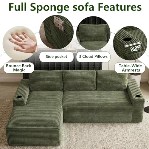 Image of 104.3 inch Modular Sectional Sofa,Modern Corduroy Cloud Couch with Cup Holder & Side Pockets,Boneless Couch Upholstered 3-Seater L-Shaped Sofa for Living Room,No Assembly (Green, Left-Facing Chaise) | with Cup Holder
