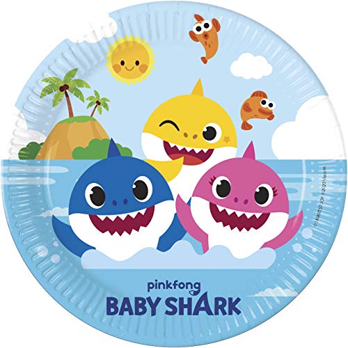 Procos 92540 Baby Shark Fun in the Sun - pratos (23 cm, 8 unidades, sem plástico), design de tubarões