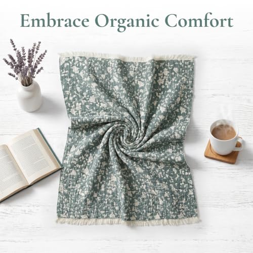 Image of Queen 100% Cotton Muslin Blanket with Tassel All Seasons Sage Green 4-Layer | Breathable, Soft & Lightweight, Crinkle Texture, for Bed, Couch, Throw, Shawl, for Hot Sleepers, Home Decor