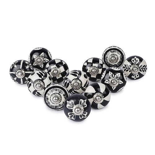 Ajuny Juego de 12 Pomos de Cerámica con Diseño Floral en Blanco y Negro para Armarios de Cocina Baño Puertas de Tocador Cajones Muebles Cómodas Hechos a Mano Tiradores Decorativos