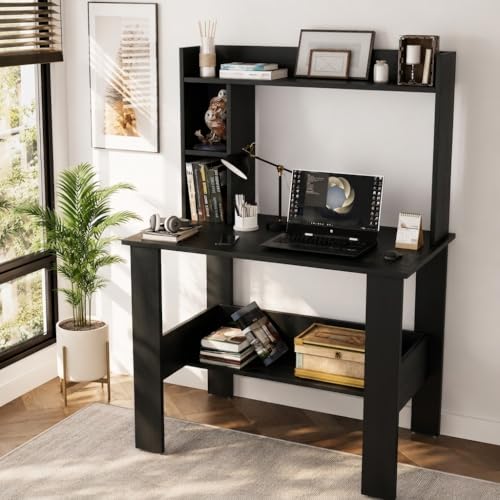Image of SPYDER CRAFT Modern Daisy Engineered Wood Study Table with Storage Shelf | Clean Minimalist Computer Desk for Home, Office, & Bedroom | Durable & Easy to Clean (Black) (Assembly DIY)
