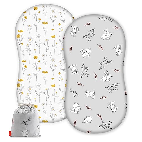 Image of besrey 2 Packs Bassinet Sheets Fitted for Baby Boy and Girl, with a Storage Bag, Jersey Cotton Baby Bassinet Sheet with Rectangle Oval Peanut Shapes for Bassinet Mattress