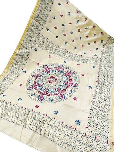Image of SHRISTI CLOTHINGS Women's Hand Embroidered Cotton Silk Kantha Stitch Saree with Blouse Piece (J420924 LIGHTGOLDEND1)