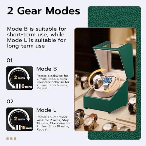 Image of Mcbazel Watch Winder 2 Watches Automatic Watch Display Watch Winder Storage Rotation Watch Box Watches Turner with 2 Slots Crocodile Leather Pattern - Green