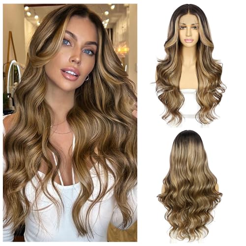 Sapphirewigs Lace Front Wig Synthetic Ombre Brown 13x4 Body Wave Synthetic Lace Front Wigs Party Date Daily Wear Christmas Natural Looking 26 inch