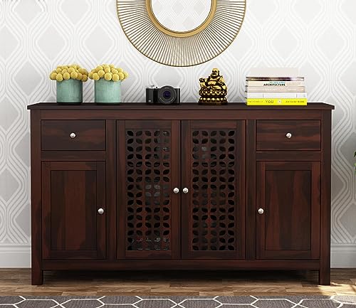 Image of SHIKHA WOOD CRAFT Solid Sheesham Wood Sideboard Cabinet with 2 Drawers and 4-Doors | Multipurpose Wooden Storage Organizer Furniture for Living Room, Crockery, Bedroom and Kitchen (Walnut Finish)