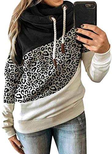 Yanekop Womens Leopard Color Block Sweatshirt Turtleneck Pullover Drawstring Hoodie (Black,L)