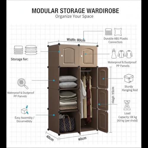 Image of EXVITO Collapsible Wardrobe Storage Cabinet | 8 Door Plastic Modular Clothes Organizer for Kids | Foldable Wardrobe Storage Rack with Hanging Space | Multi-Purpose Kids Closet Organizer - Brown