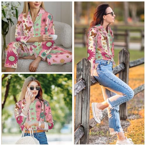 Image of Women'S Long Sleeve Pajama Set Soft Loungewear Button-Down Top & Elastic Waist Pants S- 2XL
