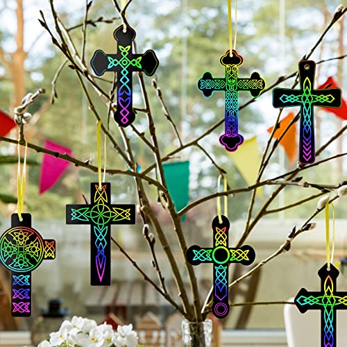 Scratch Cross Ornaments Magic Rainbow Color Craft Kit Diy Scratch Paper Christian Gifts For Kids Sunday School Crafts Kids' Paper Craft Kits For Girls Boys, With Wood Sticks And Ribbons (80) #TOP4