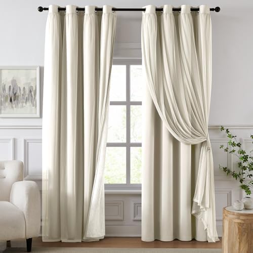 100% Blackout Curtains for Bedroom, Double Layer Ivory Curtains, Black Out Curtain 96 inch Long with Sheer Overlay for Living Room, Room Darkening Window Drapes with Grommet, 52