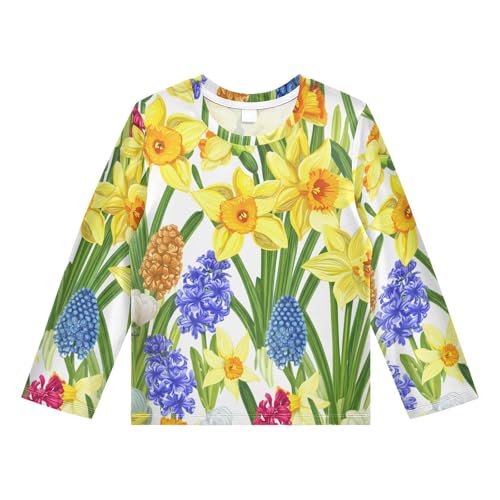 DOMIKING Hyacinths Floral White Boys Long Sleeve Rashguard Shirt Kids Quick Dry Swim Shirt for Kids Toddler 9-10T