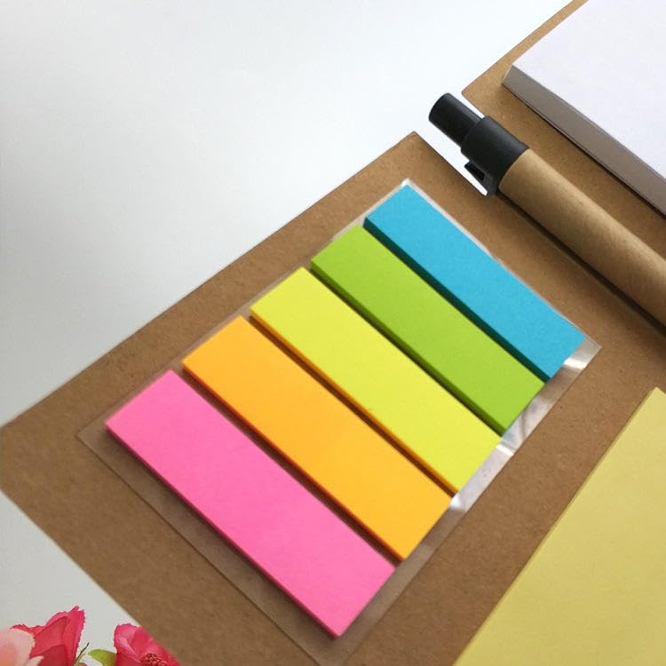 Image of AccuPrints Compact Sticky Notes Organizer with Pen Holder Kraft Paper Cover Colorful Sticky Tabs Button Closure 15.3x10cm
