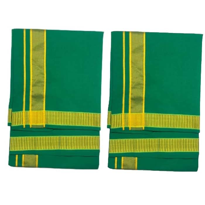 Color Cotton Dhotis Lungi Sarong 2.0 Meters Single Layer Dhoti Pack of 2 (Green)