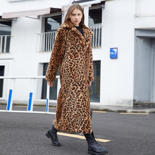 Women's Faux Fur Full Length Leopard Overcoat Warm Soft Coat Outwear Jacket Topcoat3