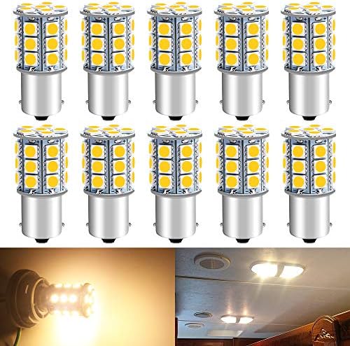 Qoope 1156 1141 LED Bulb Warm White Super Bright 1003 BA15S 7506 1073 LED Light Bulbs 5050 27-SMD Replacement for 12V RV Camper Trailer Boat Interior Lights, Pack of 10
